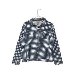 Chico's Gingham Button Up Jacket Blue White Plaid Pockets Size Medium Stretch